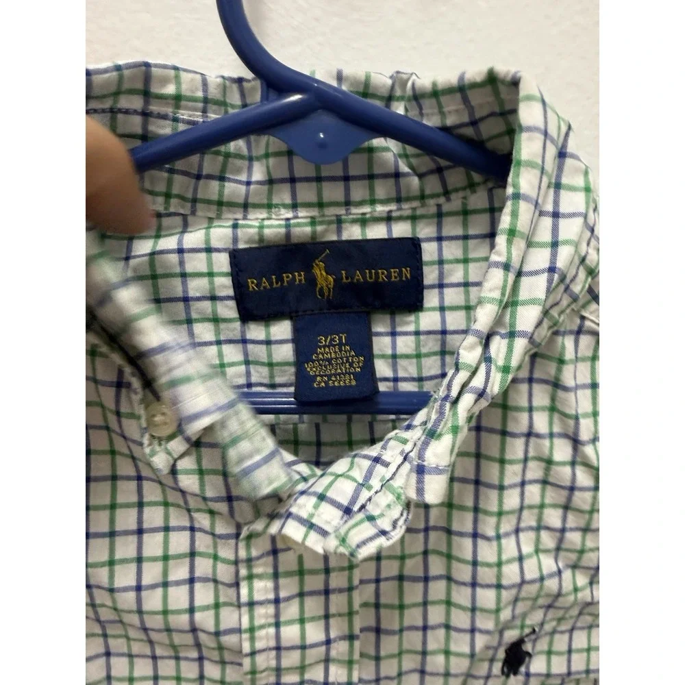 Ralph Lauren Toddler Boys Plaid Button Down Shirt White Blue Green Size 3T